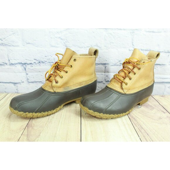 LL Bean Unlined Round Toe Ankle Duck Boots Brown Leather Lace Up Size 9 M - Picture 2 of 9
